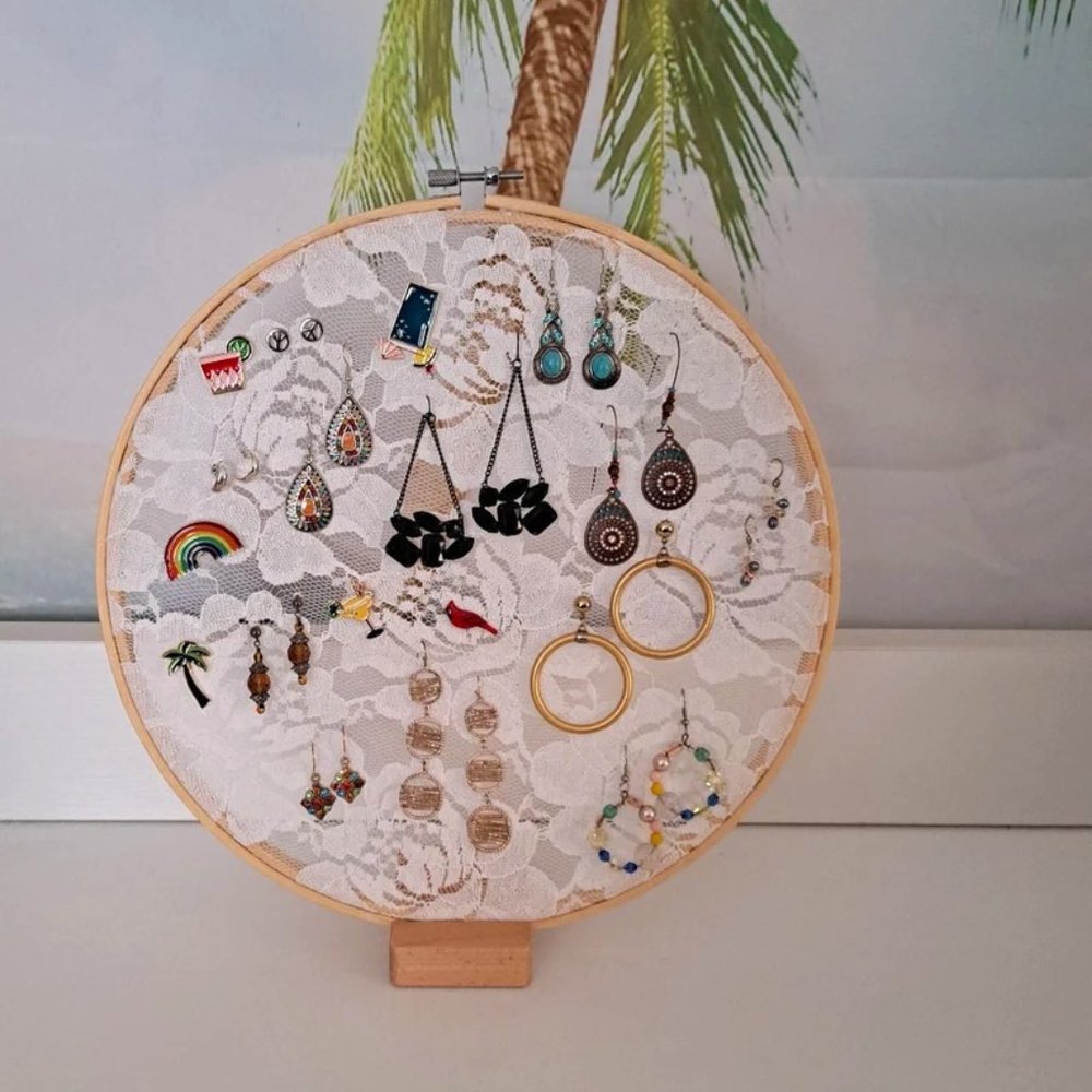 Lg Jewelry Organizer, Embroidery Hoop Earring Holder, Lace Earring Rack, Boho Wa